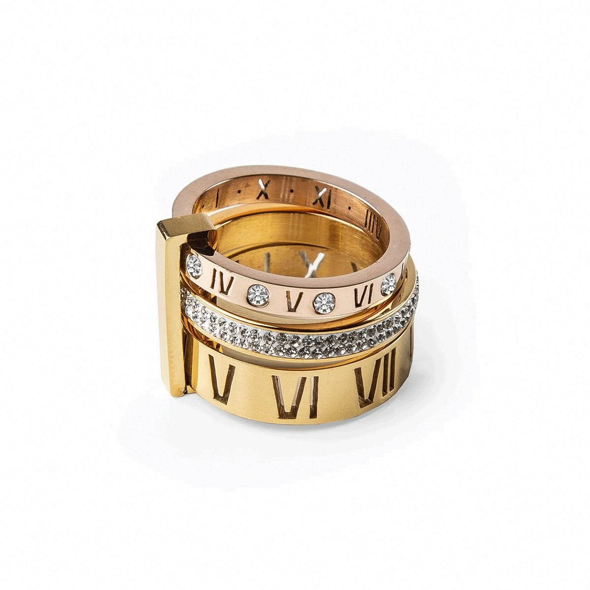 Triple Band Ring with Roman Numerals, 18K Gold Plated