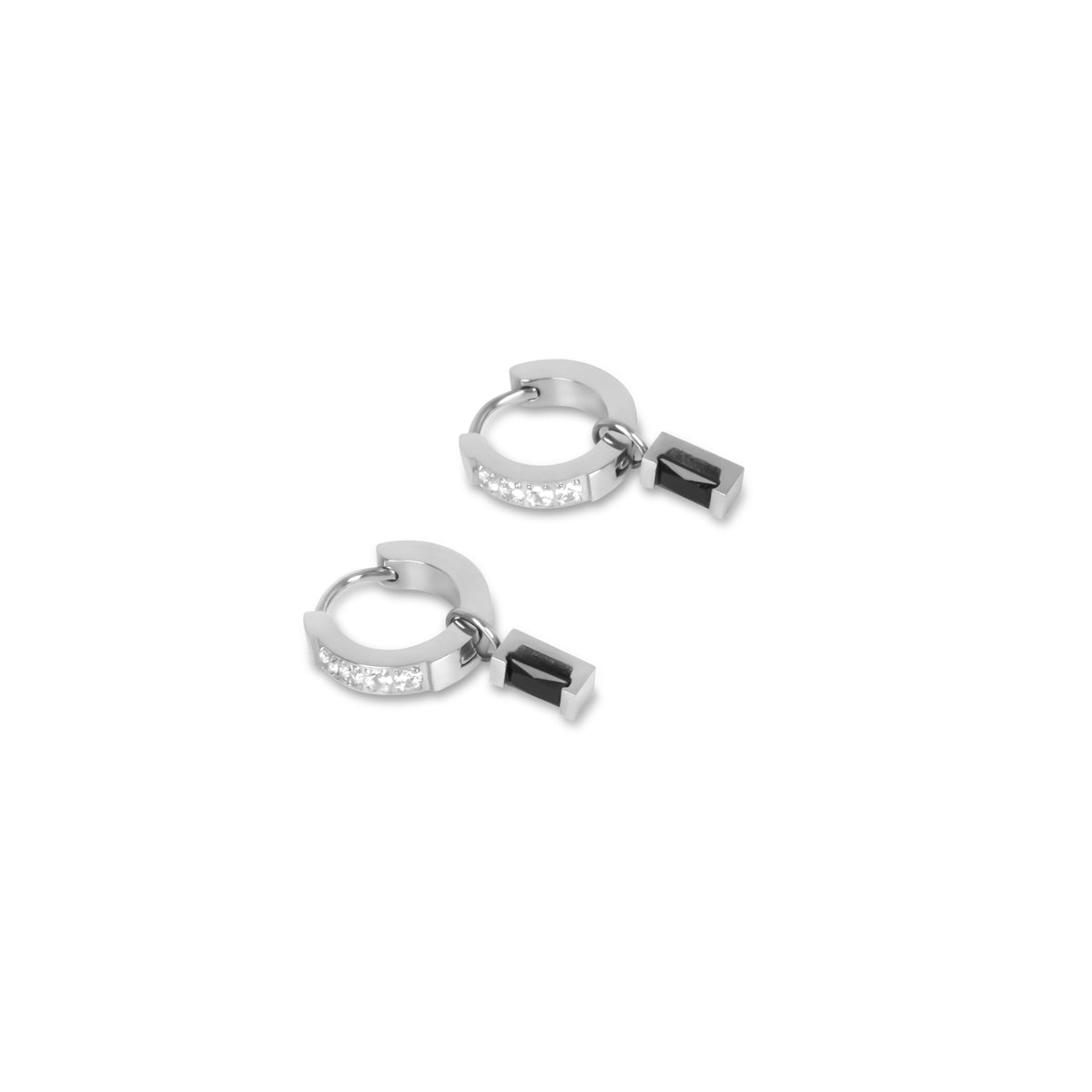 Black Diamond Hoop Earrings - Silver