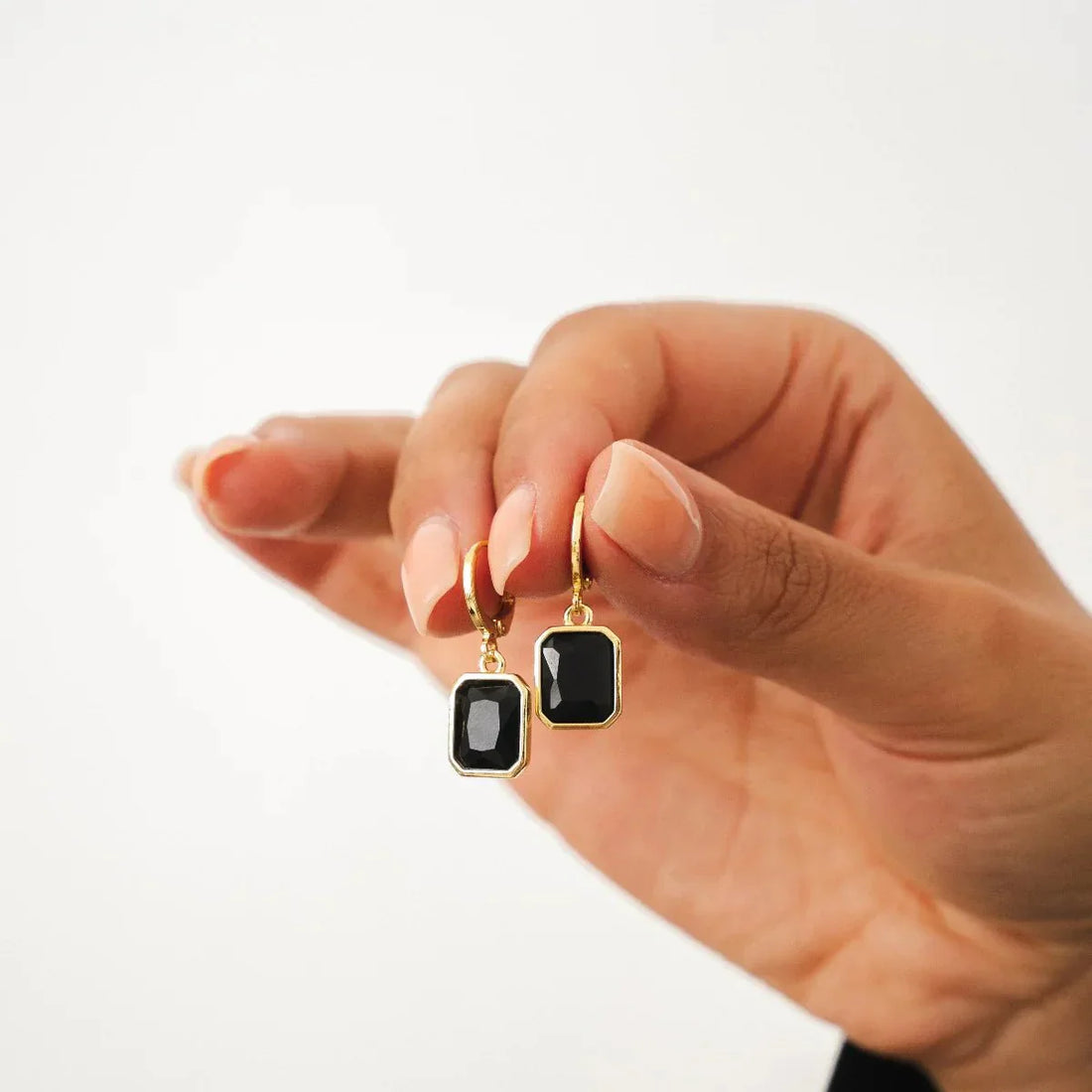 Black Crystal Hoop Earrings Plated in 18k Gold