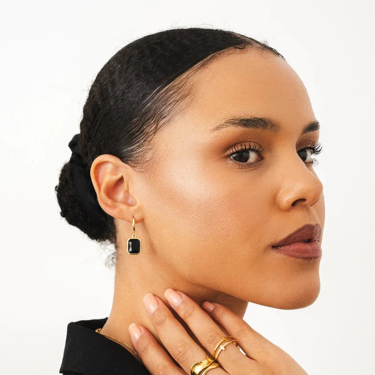 Black Crystal Hoop Earrings Plated in 18k Gold