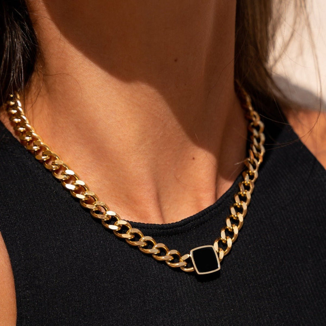 Necklace with Square Onyx Stone and Chain, 18K Gold Plated 