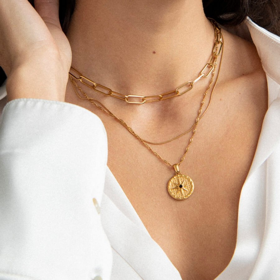 Star Necklace with Compass Rose, 18k Gold Plated