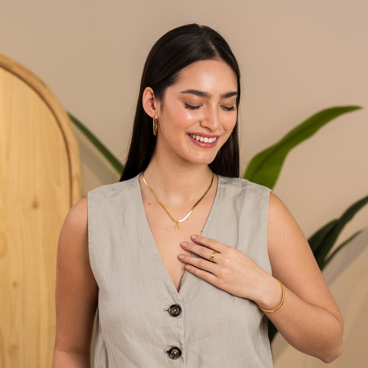 Initial Letter Necklace, Mesh Design, 18K Gold Plated 