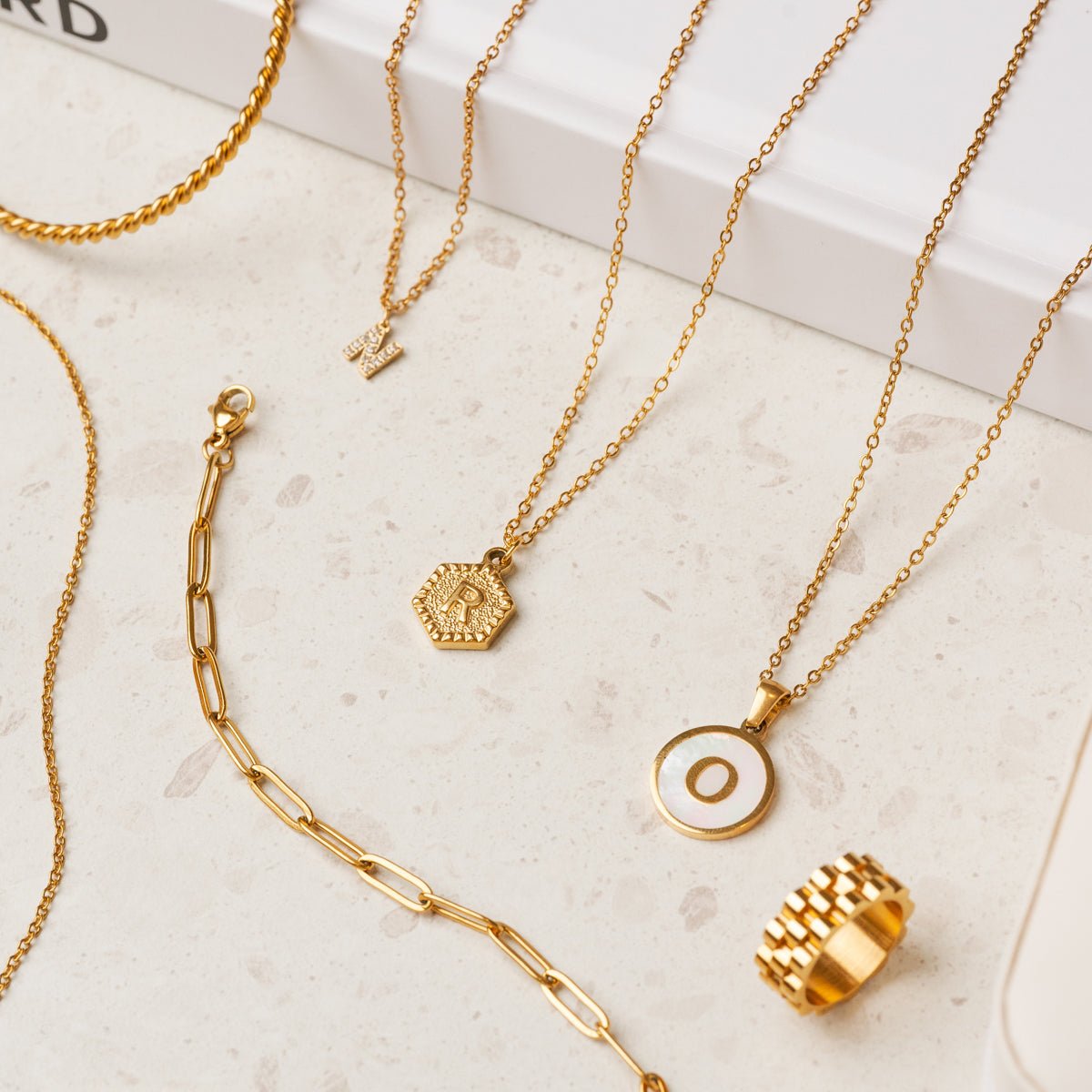 Initial Letter Necklace in Marble, 18K Gold Plated