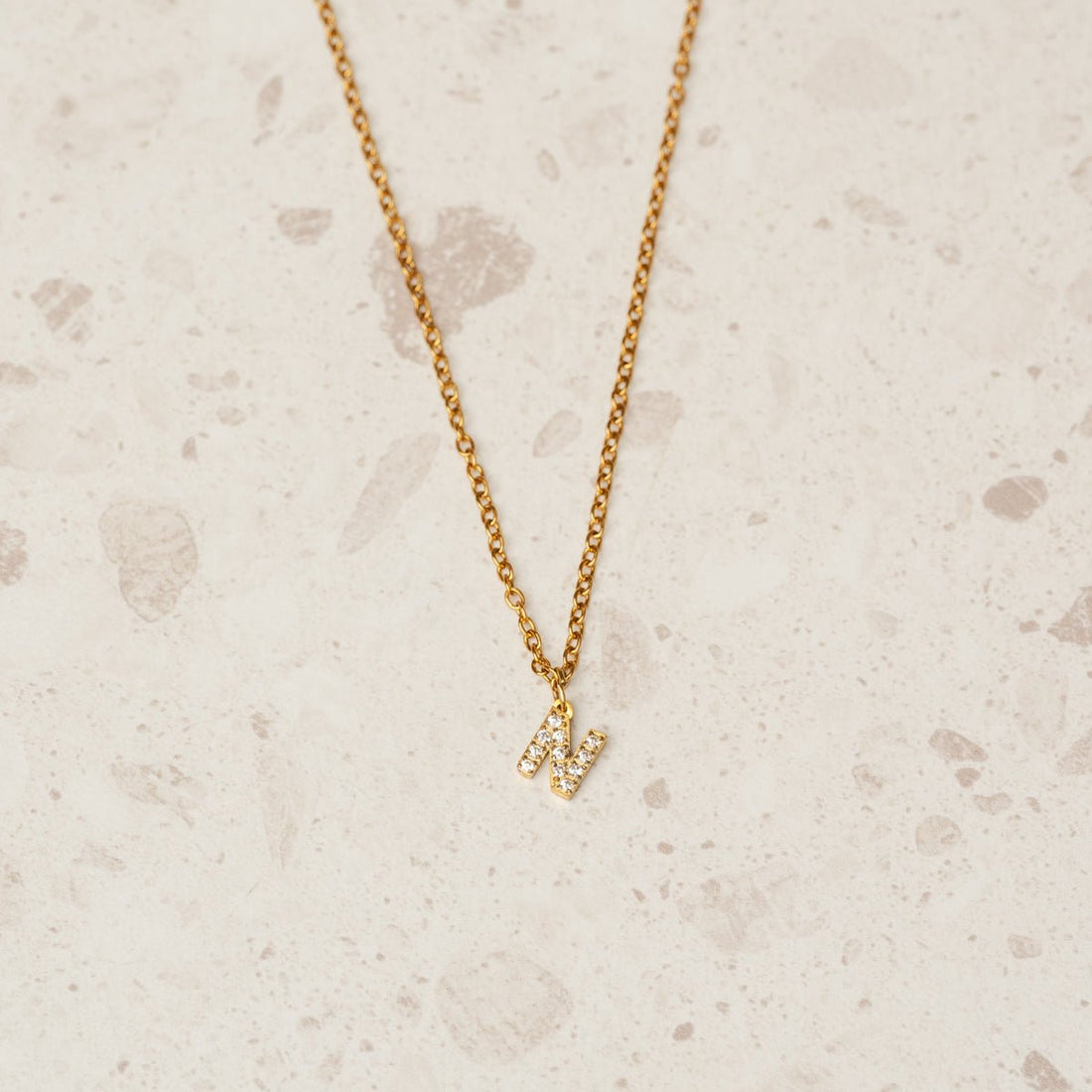 Initial Letter Necklace with Stone, 18K Gold Plated
