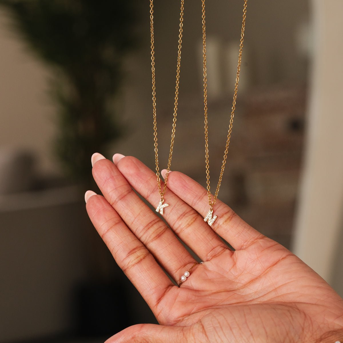 Initial Letter Necklace with Stone, 18K Gold Plated