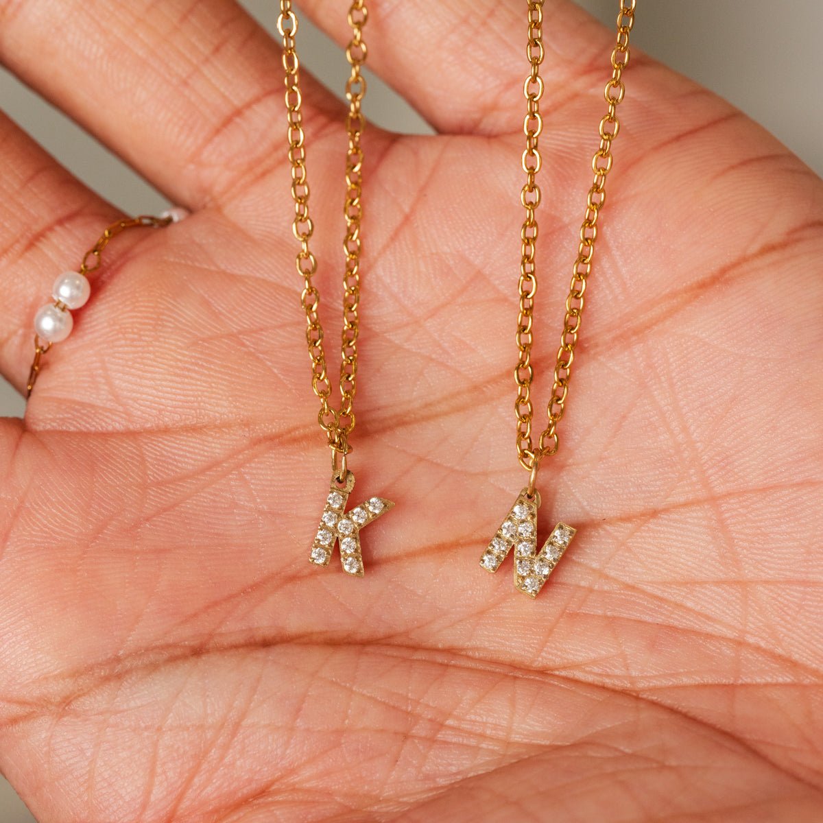 Initial Letter Necklace with Stone, 18K Gold Plated