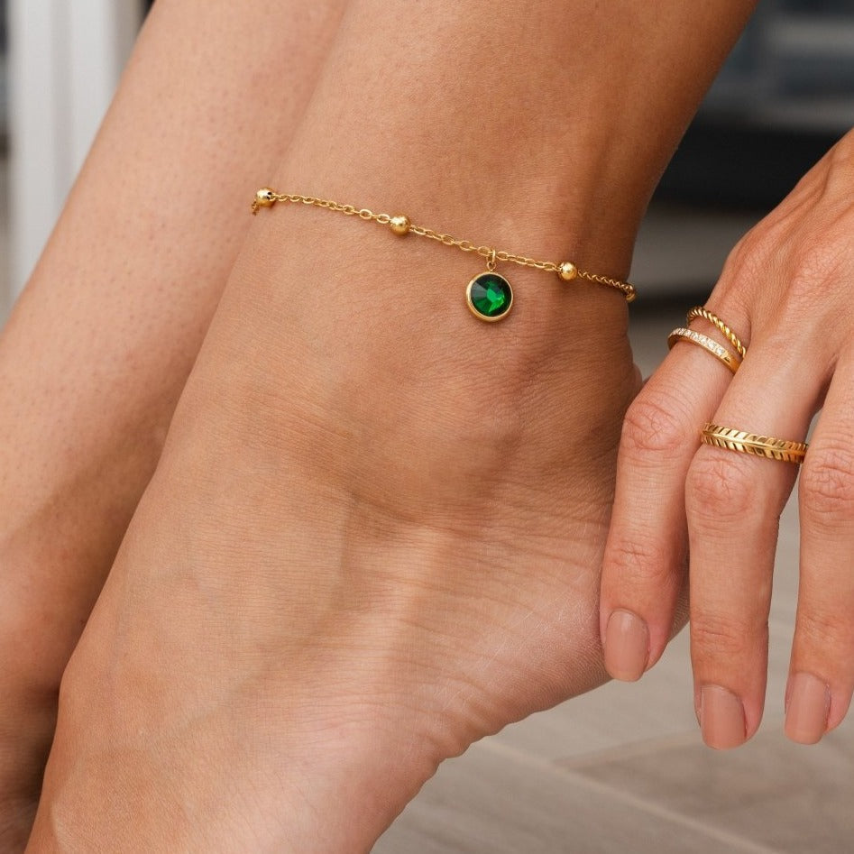 Emerald Anklet with Pendant, 18K Gold Plated 